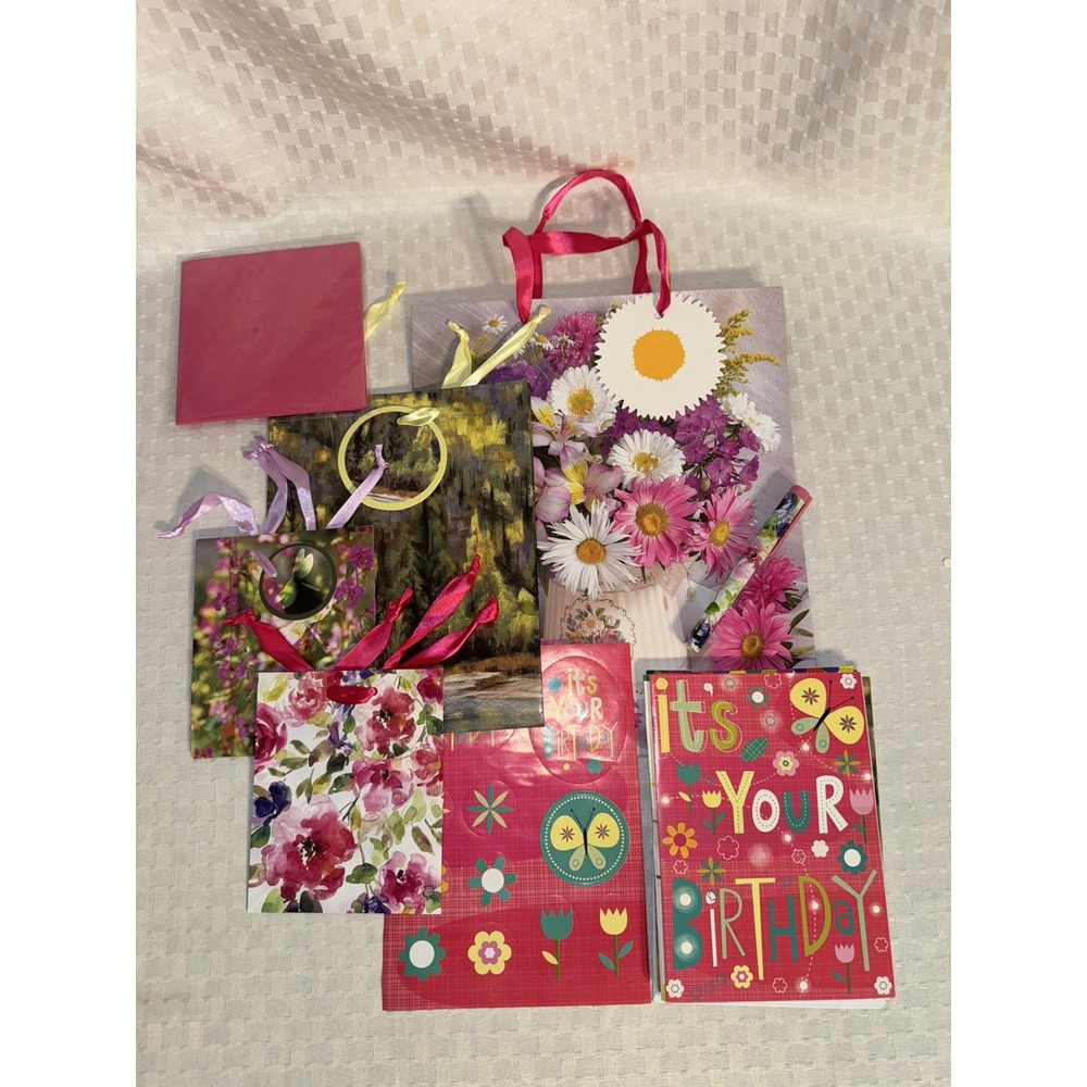 Gem Stone 13 PC Pink Floral Birthday Cards Gift Bags Tissue Pen Set